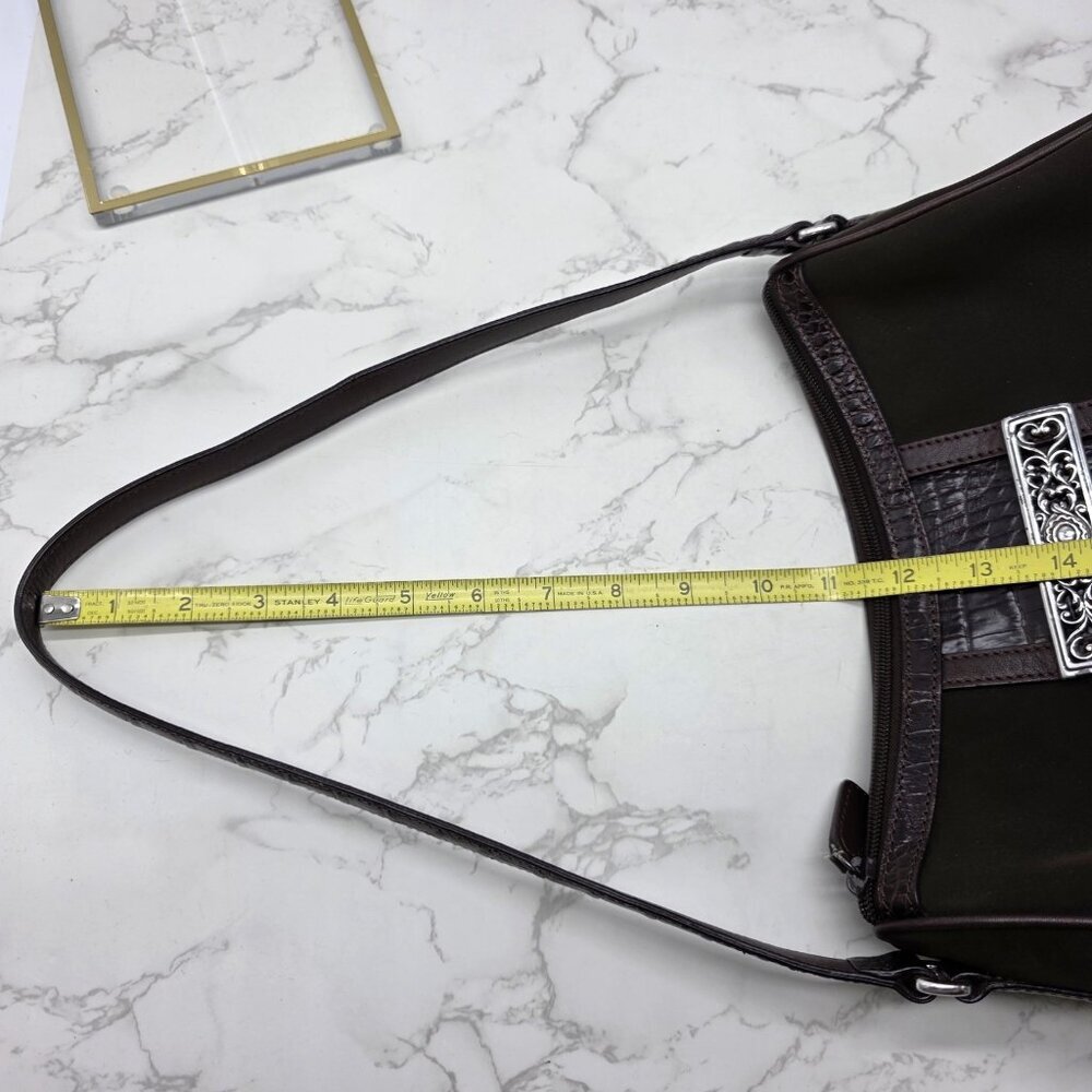Brighton Shoulder Bag Brown Crocodile Nylon Embossed Leather Trim Purse Zip - Picture 12 of 12